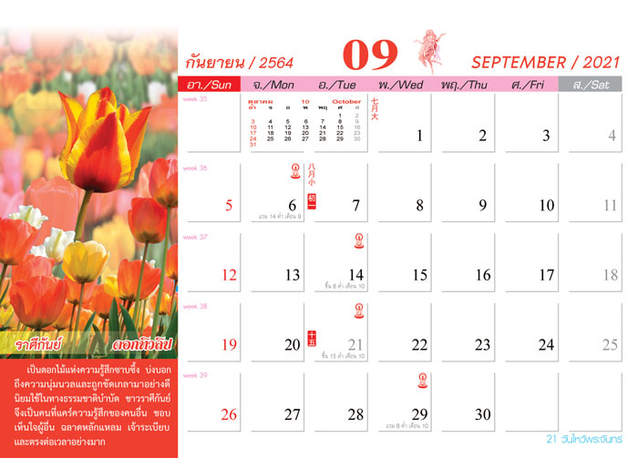 Calendar_2021_Birth-Flowers_ดอกไม้ประจําราศี-ปฏิทิน2564_เดือน9 รับจ้างทำปฏิทินจำนวนมาก