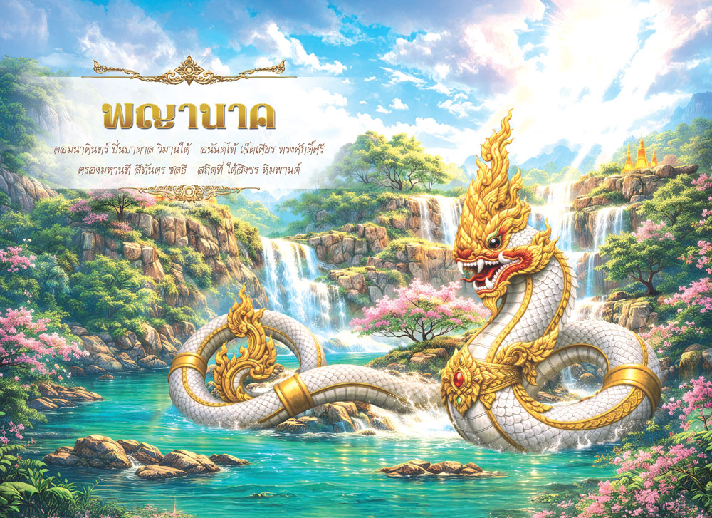 หน้าคอนเทนต์ในปฏิทินตั้งโต๊ะ 2570 รุ่นนฤมิตหิมพานต์ ลายภาพวาดพญานาคราชสีทองวิจิตรศิลป์ จากโรงพิมพ์ Abizinter