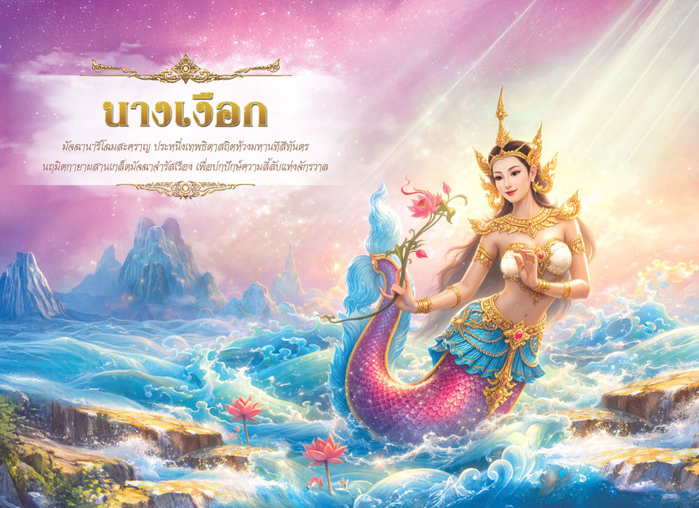 หน้าคอนเทนต์ในปฏิทินตั้งโต๊ะ 2570 รุ่นนฤมิตหิมพานต์ ลายภาพวาดนางเงือกวรรณคดีไทยสีทองวิจิตรศิลป์ จากโรงพิมพ์ Abizinter