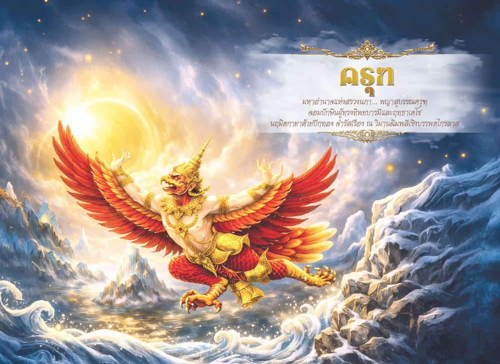 หน้าตารางเดือนเมษายน 2570 รุ่นนฤมิตหิมพานต์ ลายภาพวาดพญาครุฑสุบรรณมหาอำนาจสีทองชาดวิจิตรศิลป์ จากโรงพิมพ์ Abizinter