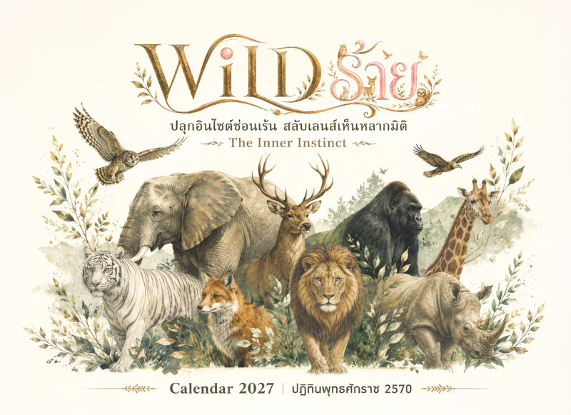 ภาพหน้าปกปฏิทินปี 2570 ชุด WILD ร้าย ลายรวมสัตว์ป่าสีน้ำพรีเมียม ปลูกอินไซต์ซ่อนเร้น สลับเลนส์เห็นหลากมิติ โรงพิมพ์ Abizinter