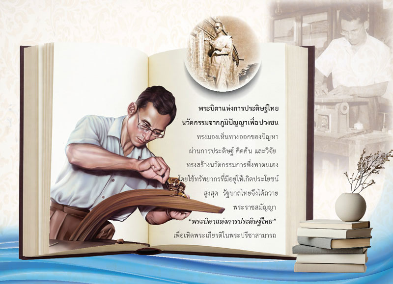 แผ่นเนื้อในปฏิทินชุดพระอัจฉริยภาพในหลวง รัชกาลที่ 9 นำเสนอเรื่องพระบิดาแห่งการประดิษฐ์ไทยและนวัตกรรมพึ่งพาตนเอง โรงพิมพ์ Abizinter