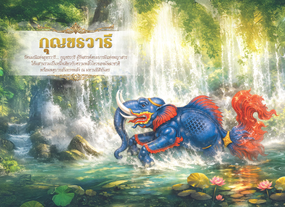 หน้าตารางเดือนกันยายน 2570 รุ่นนฤมิตหิมพานต์ ลายภาพวาดกุญชรวารีช้างผสมปลาสีน้ำเงินวิจิตรศิลป์ จากโรงพิมพ์ Abizinter