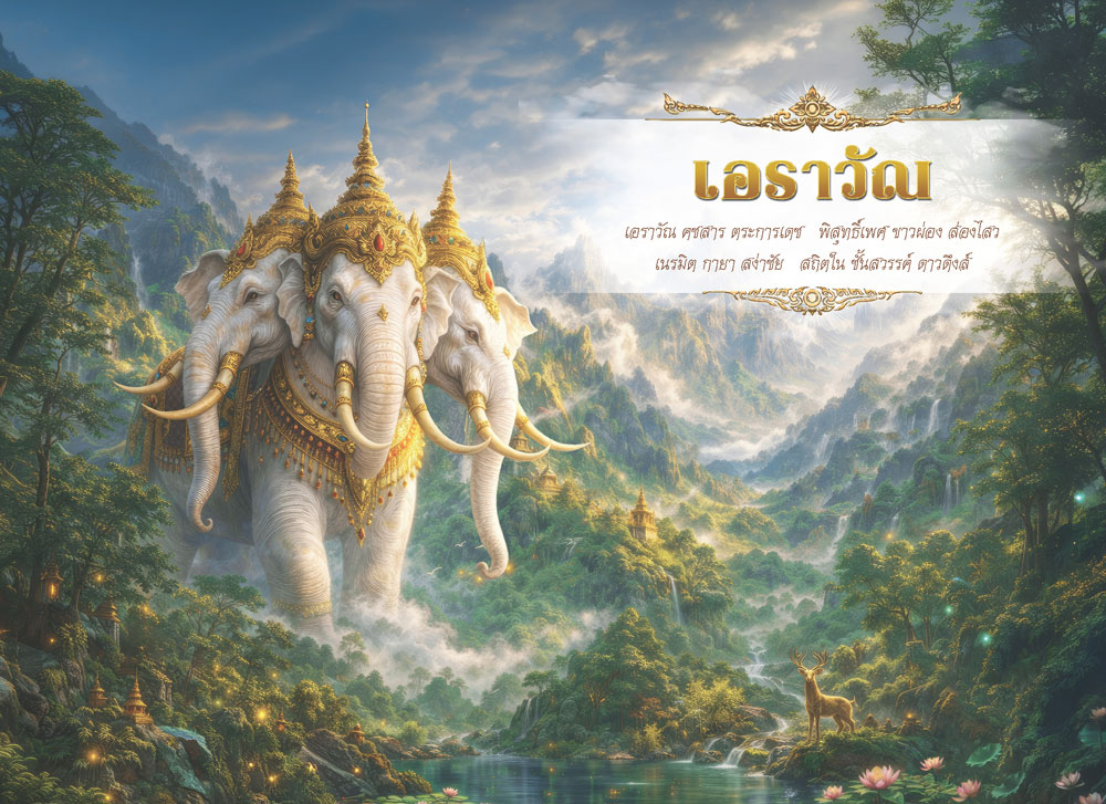 หน้าตารางเดือนธันวาคม 2570 รุ่นนฤมิตหิมพานต์ ลายภาพวาดพญาช้างเอราวัณสามเศียรสีทองวิจิตรศิลป์ จากโรงพิมพ์ Abizinter