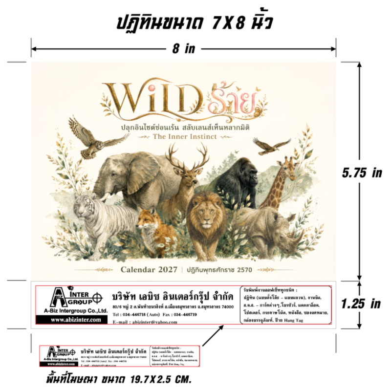 ไดอะแกรมแสดงขนาดปฏิทินชุด WILD ร้าย 7x8 นิ้ว และขนาดพื้นที่โฆษณาฐานสกรีนข้อมูลบริษัท 19.7x2.5 เซนติเมตร โรงพิมพ์ Abizinter