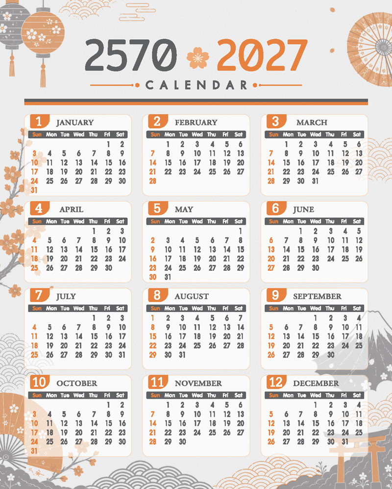 แบบบล็อกตารางภาพรวมปฏิทิน 12 เดือน ปี พ.ศ. 2570 (ค.ศ. 2027) ดีไซน์ญี่ปุ่นเอิร์ธโทนชุด DOKIDOKI Japan โรงพิมพ์ Abizinter