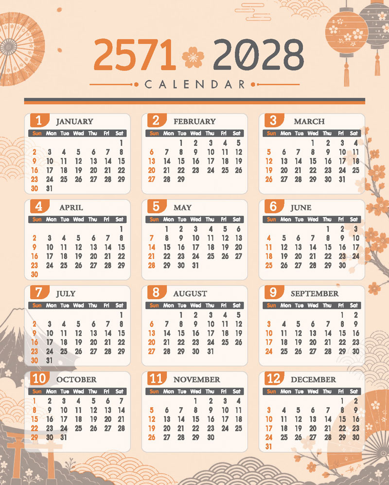 แบบบล็อกตารางภาพรวมปฏิทิน 12 เดือน ปี พ.ศ. 2571 (ค.ศ. 2028) ดีไซน์ญี่ปุ่นเอิร์ธโทนชุด DOKIDOKI Japan โรงพิมพ์ Abizinter